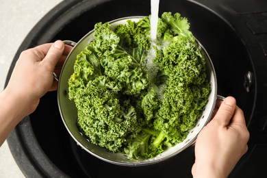 Photo of Woman washing fresh kale leaves over sink, closeup