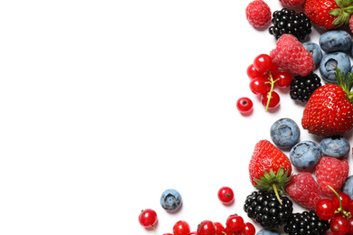 Photo of Mix of fresh berries on white background, flat lay