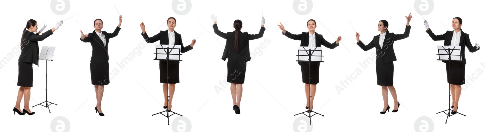 Image of Collage with photos of professional young conductor with baton on white background. Banner design