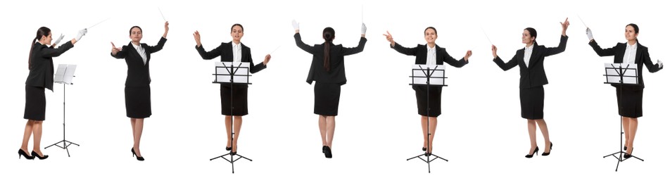 Image of Collage with photos of professional young conductor with baton on white background. Banner design