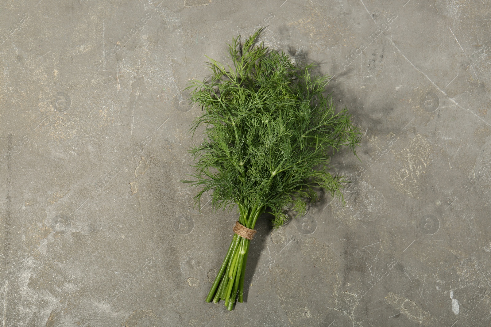 Photo of Bunch of fresh dill on grey table, top view