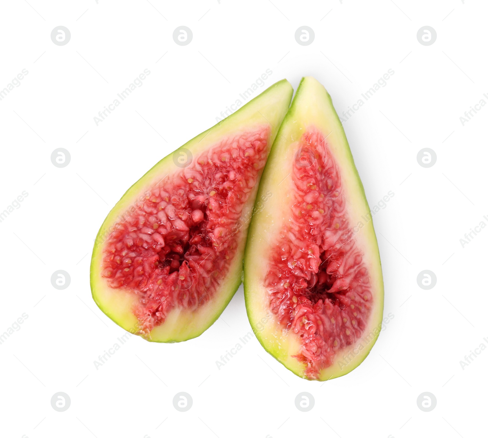 Photo of Cut fresh green fig isolated on white, top view