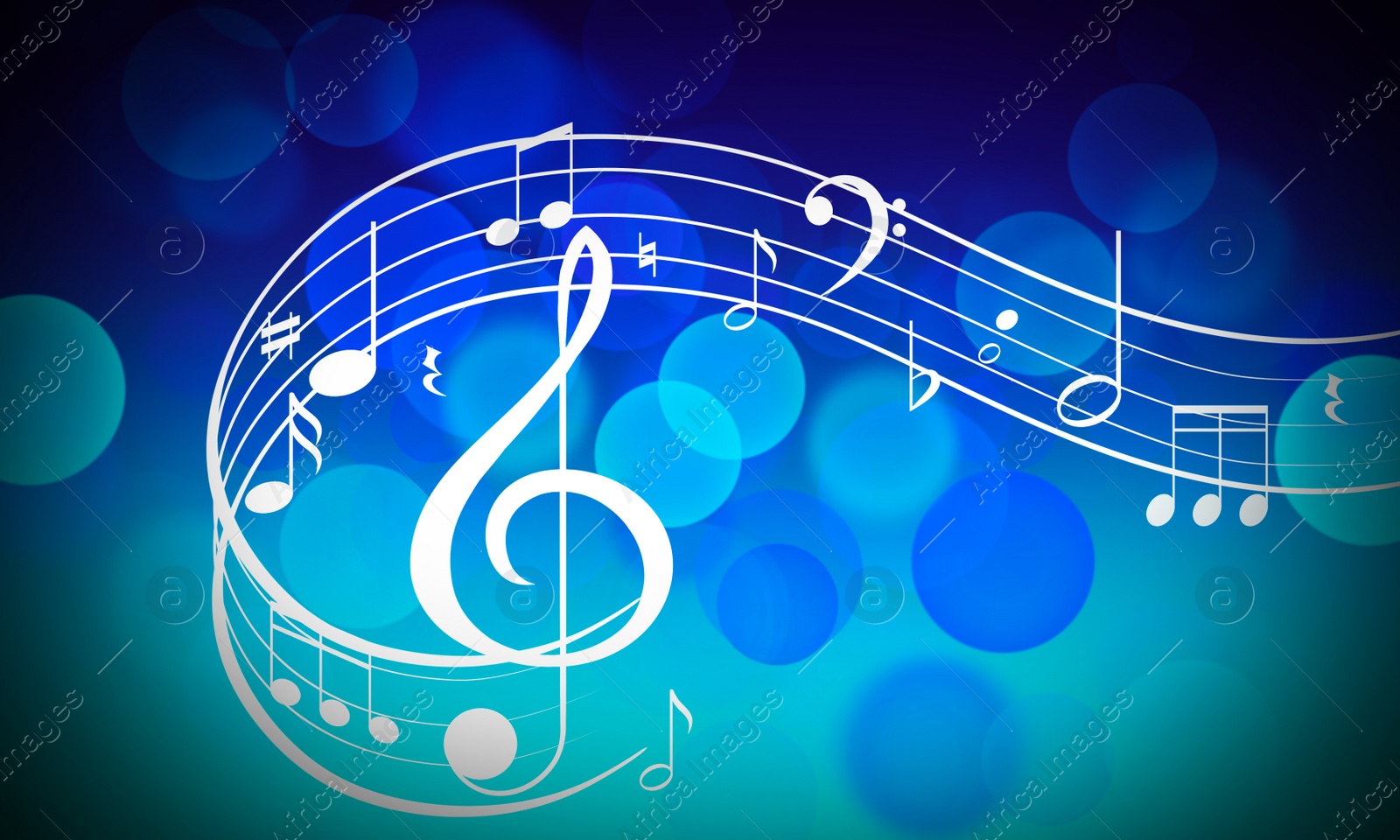 Illustration of Swirly staff with music notes and other musical symbols on color background