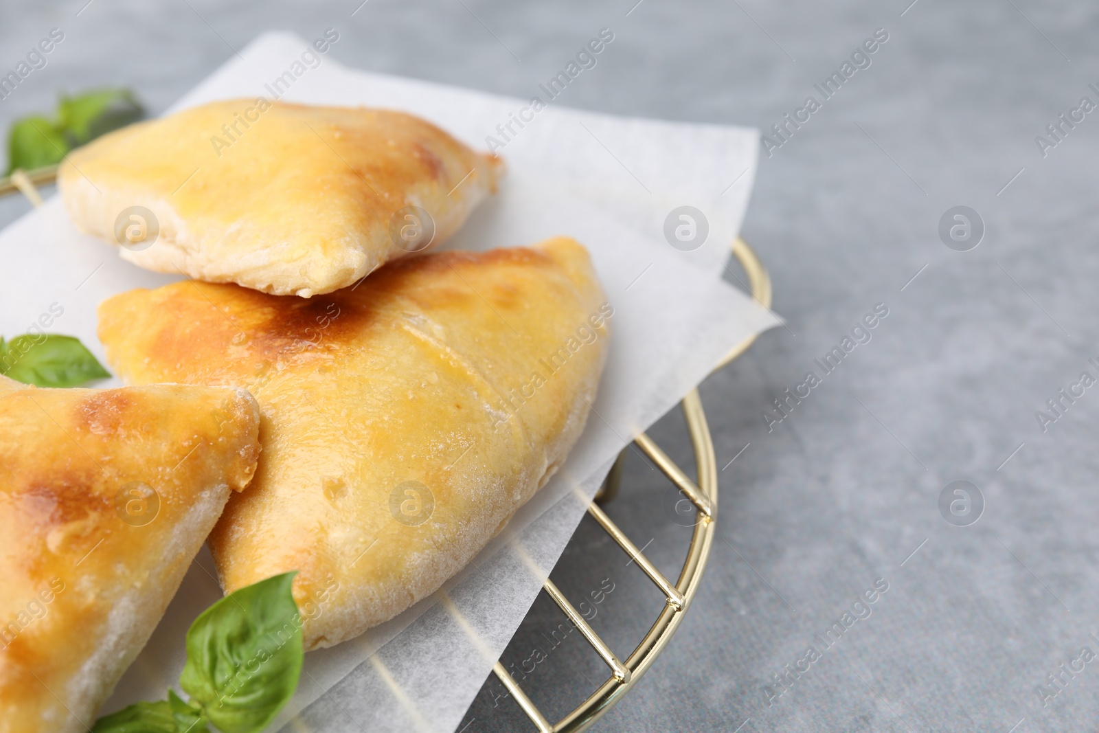 Photo of Delicious samosas and basil on grey table, closeup. Space for text