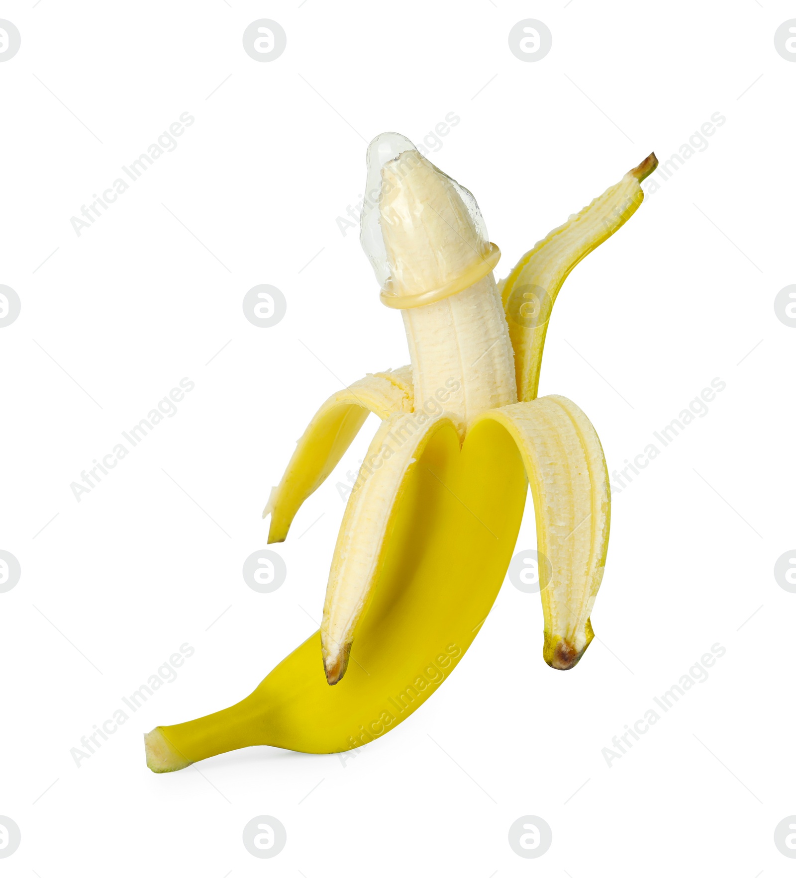 Photo of Banana with condom isolated on white. Safe sex concept