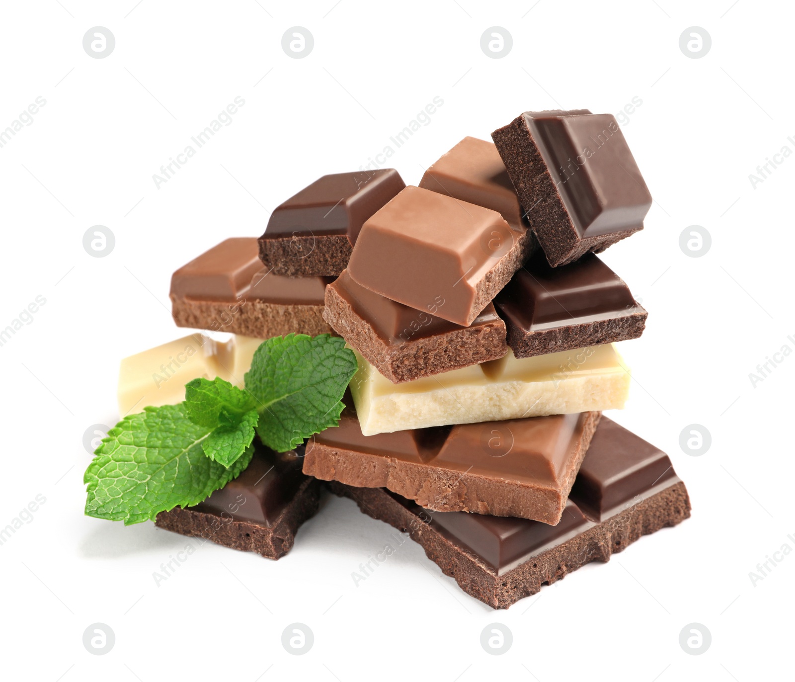 Photo of Different kinds of chocolate with mint on white background