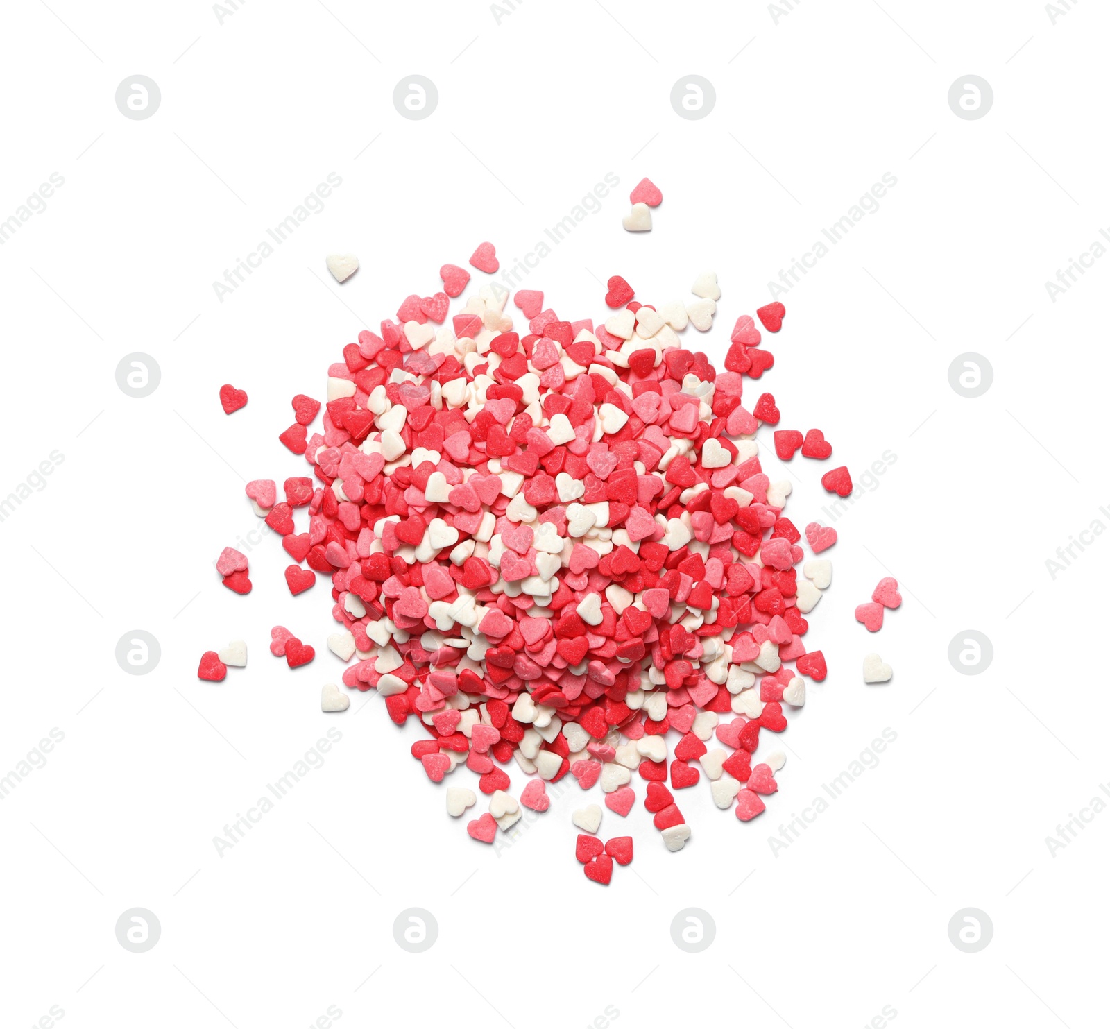 Photo of pile of sweet candy hearts on white background, top view