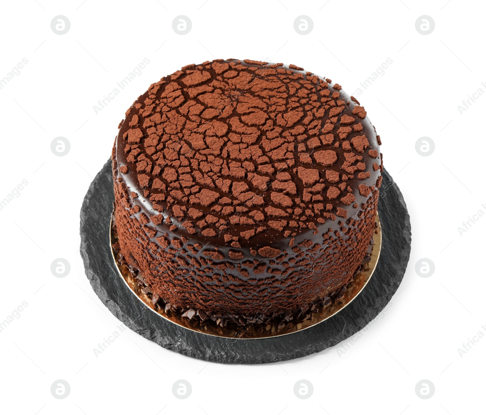 Photo of Delicious chocolate truffle cake isolated on white