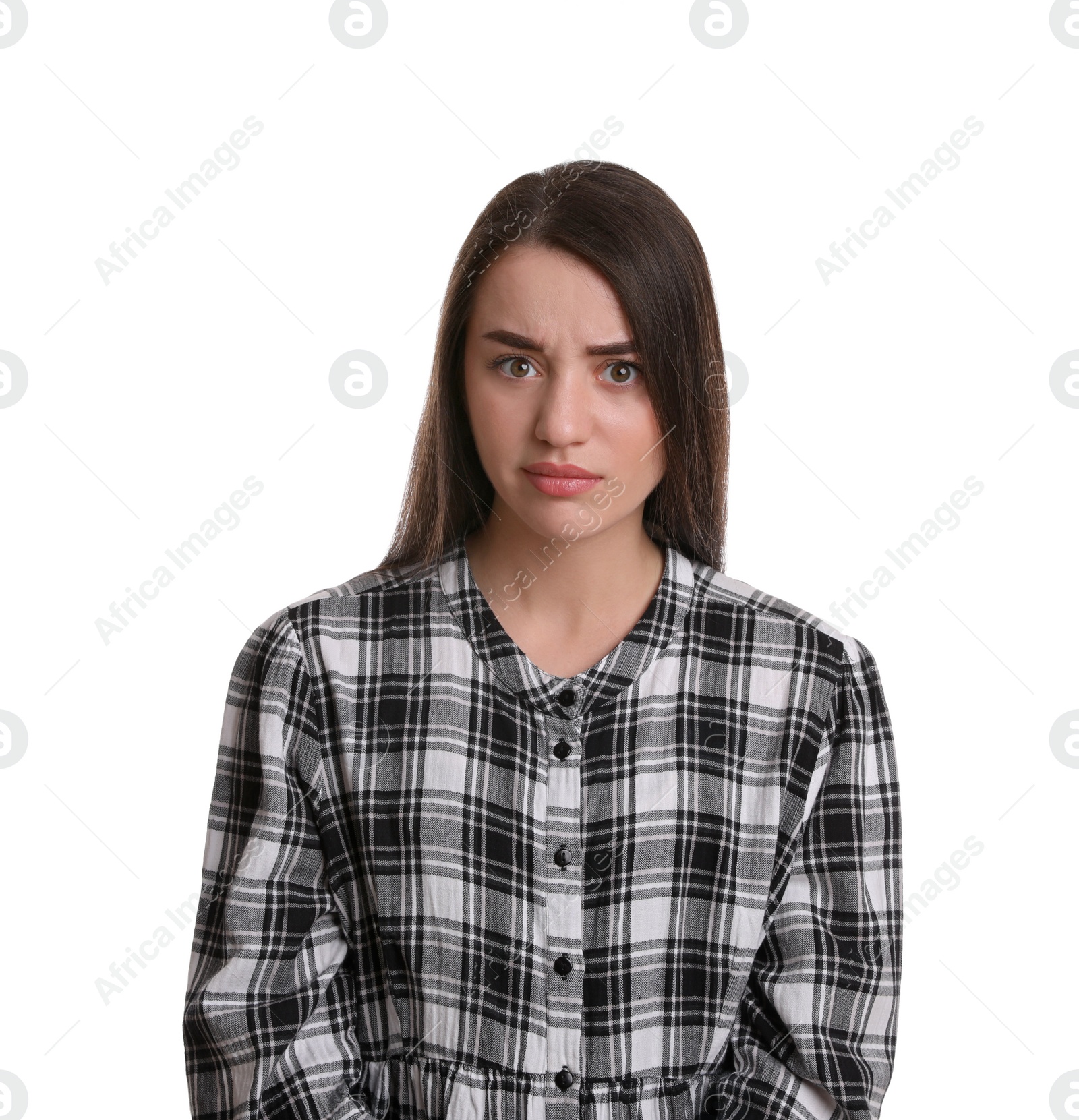 Photo of Portrait of emotional young woman on white background. Personality concept