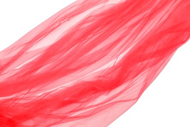 Photo of Beautiful red tulle fabric on white background, top view