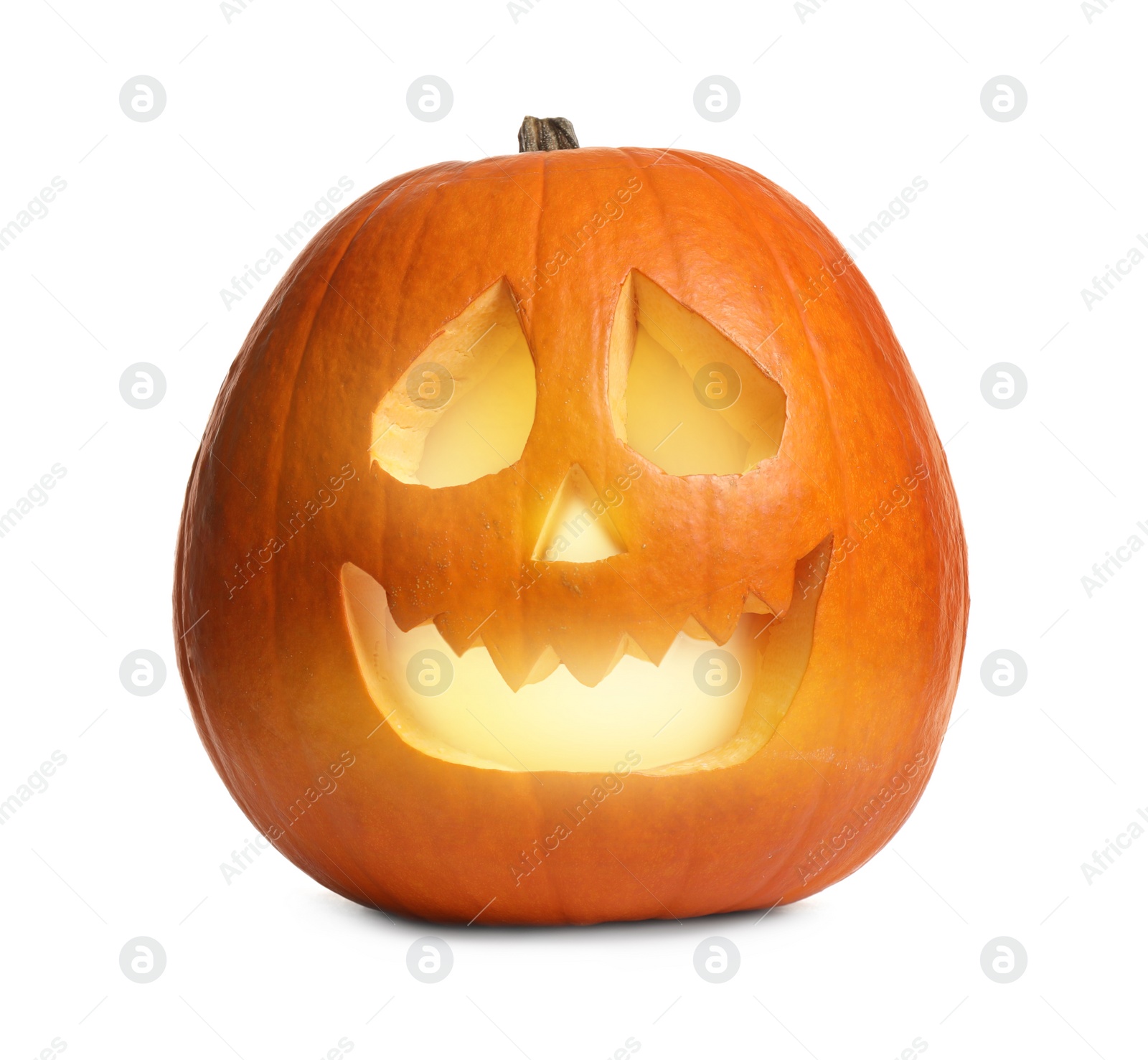 Photo of Cute pumpkin jack o'lantern isolated on white. Halloween decor