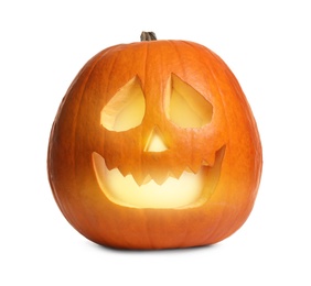 Cute pumpkin jack o'lantern isolated on white. Halloween decor