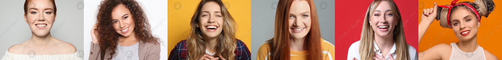 Image of Collage with portraits of happy women on different color backgrounds