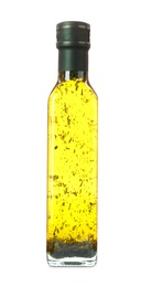 Photo of Glass bottle of oil on white background