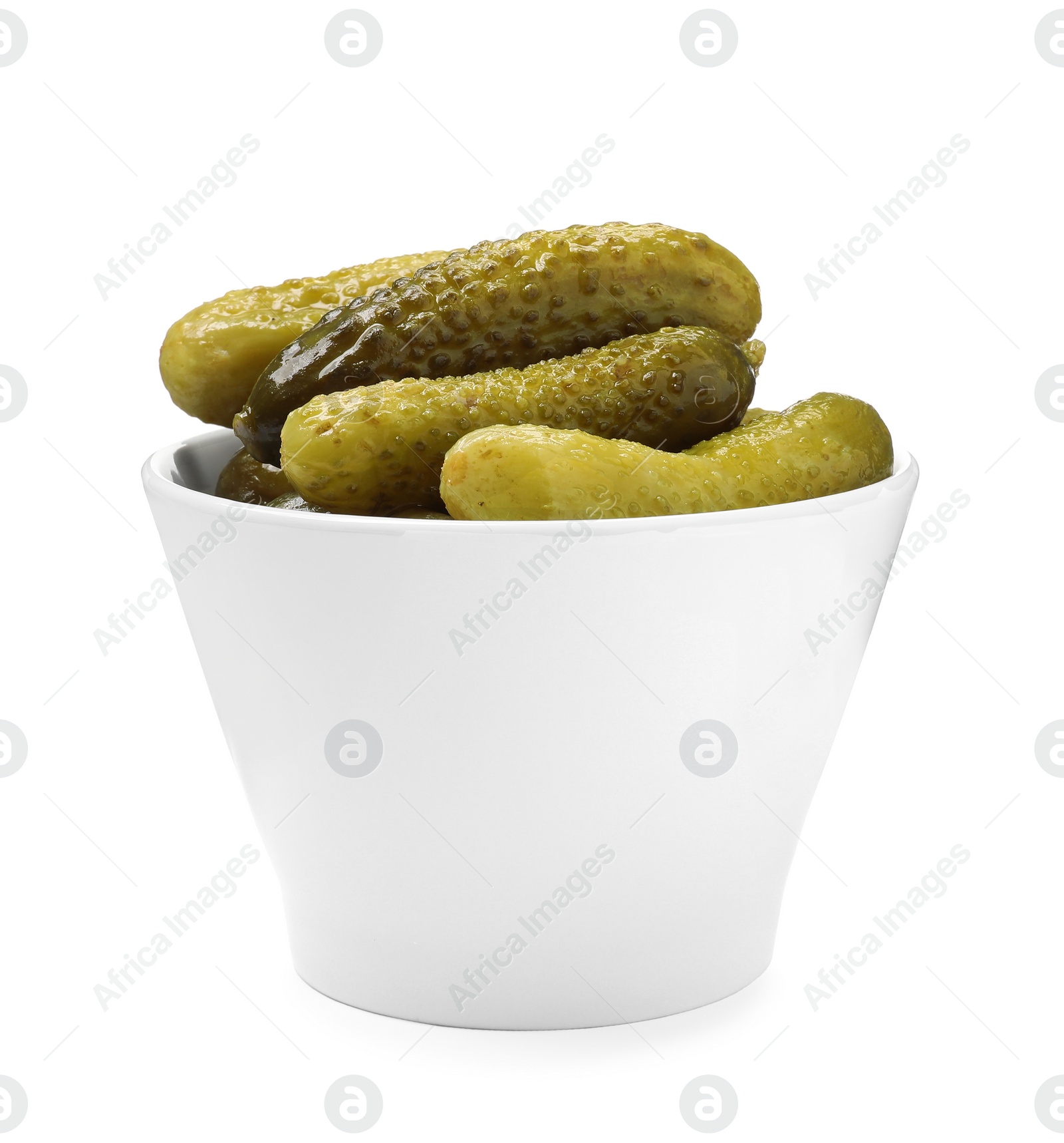 Photo of Tasty pickled cucumbers in bowl isolated on white