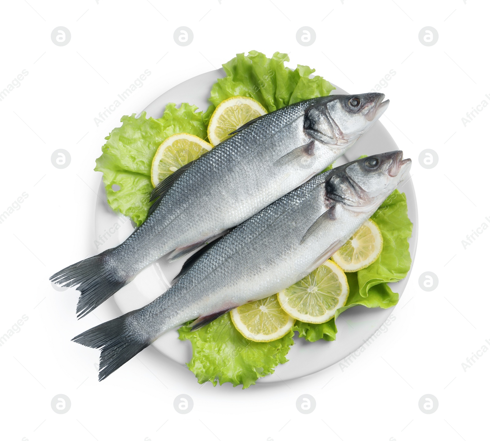 Photo of Plate with fresh sea bass fish, lettuce and lemon on white background, top view