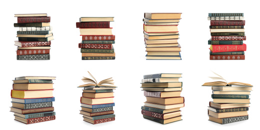 Collection of different retro books on white background