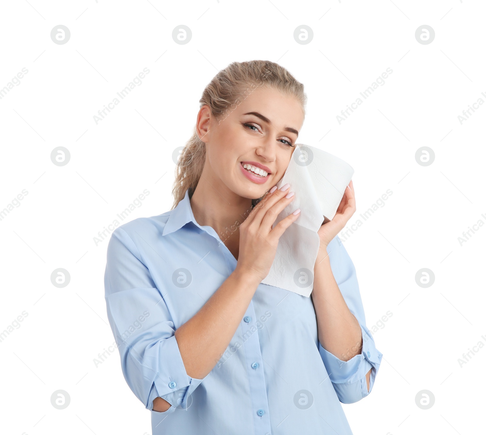 Photo of Beautiful young woman holding toilet paper roll on white background