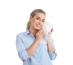 Photo of Beautiful young woman holding toilet paper roll on white background