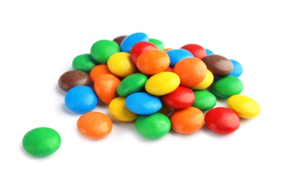 Photo of Pile of colorful candies on white background