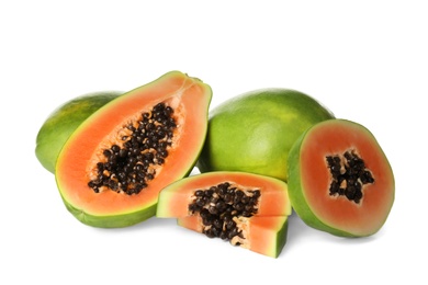 Photo of Fresh ripe papaya fruits on white background