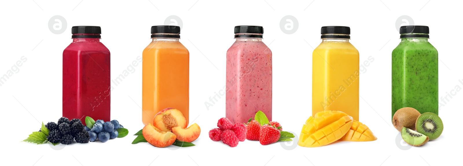 Image of Different delicious smoothies in bottles on white background. Banner design