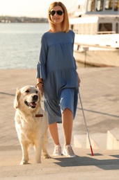 Photo of Guide dog helping blind person with long cane going up stairs outdoors