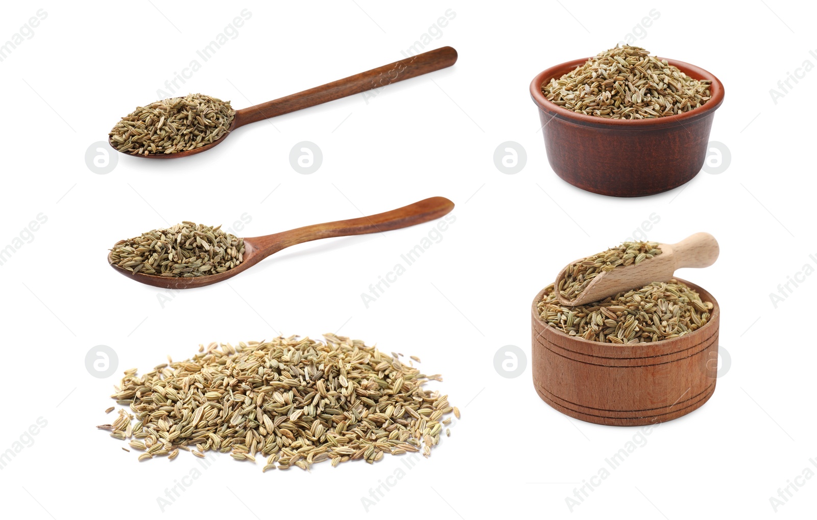 Image of Dry fennel seeds isolated on white, set