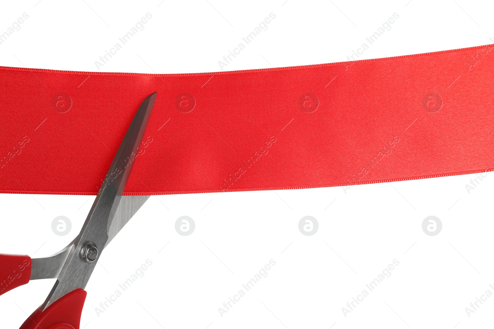 Photo of Cutting red ribbon with scissors on white background