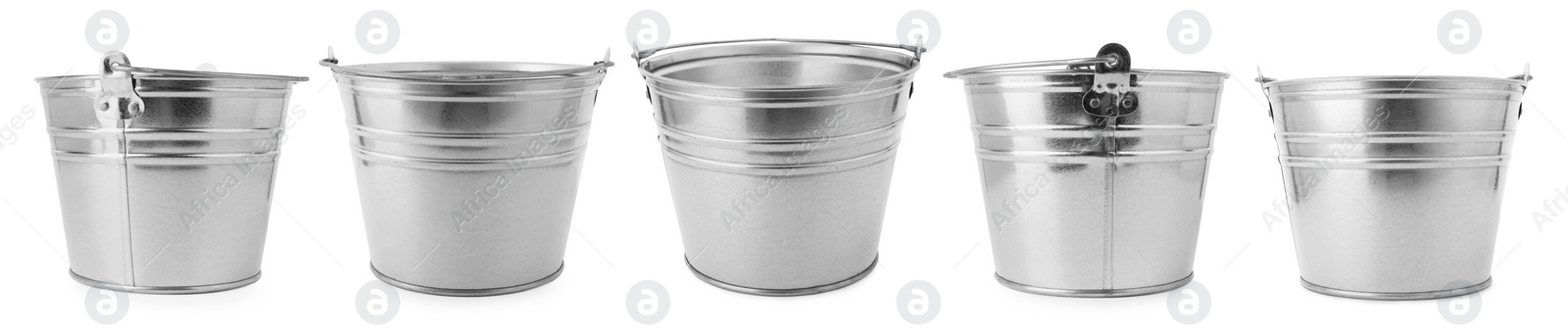 Image of Shiny metal buckets isolated on white, set