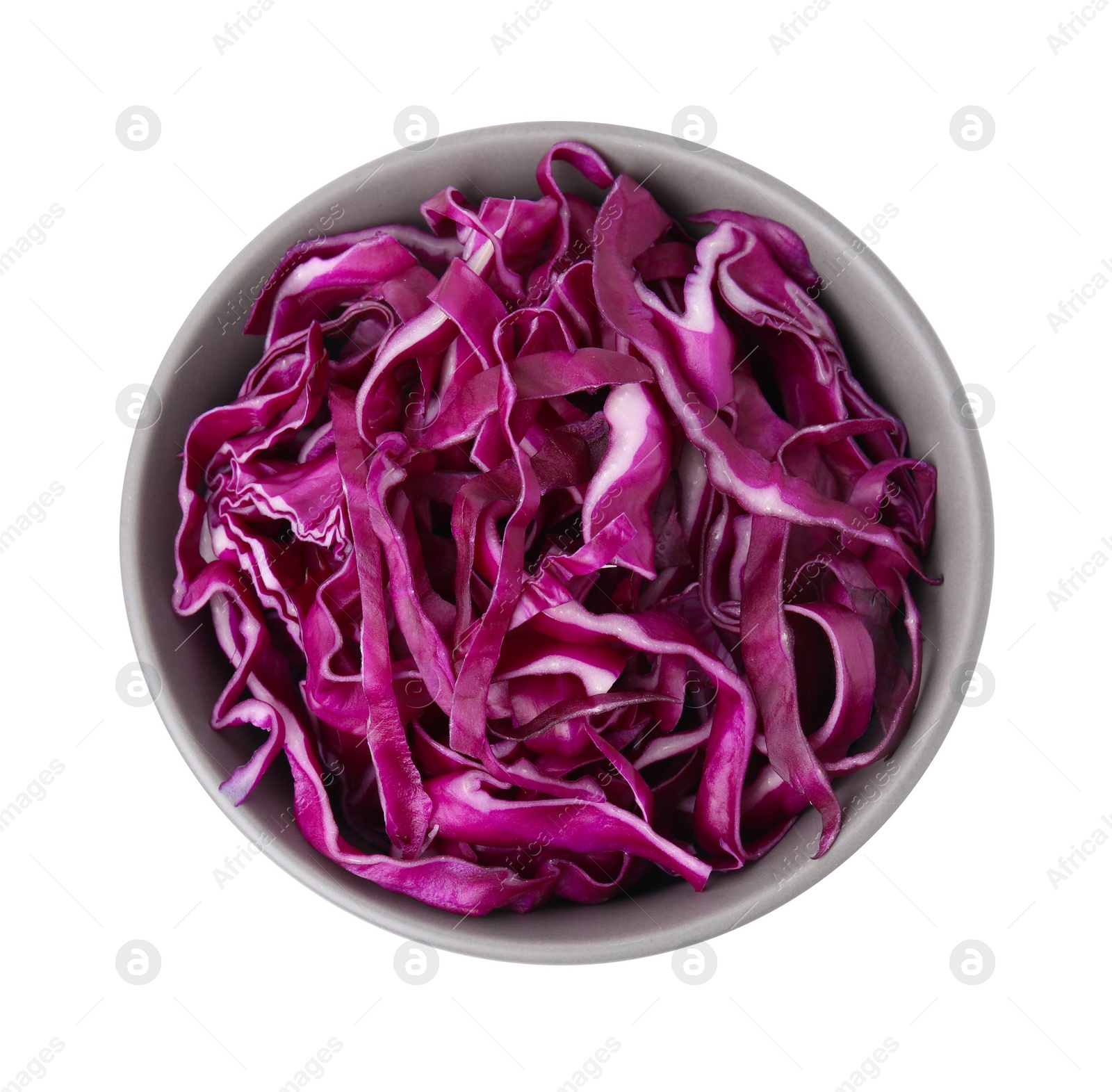 Photo of Bowl with shredded red cabbage isolated on white, top view