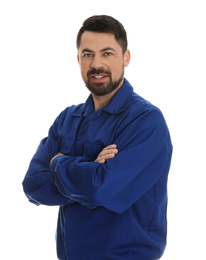 Portrait of professional auto mechanic on white background