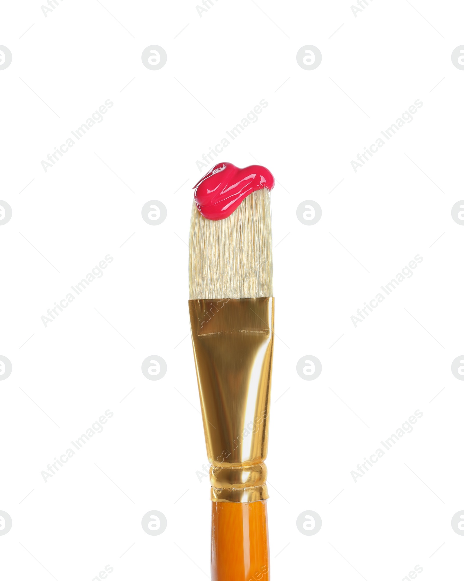 Photo of Brush with bright pink paint on white background