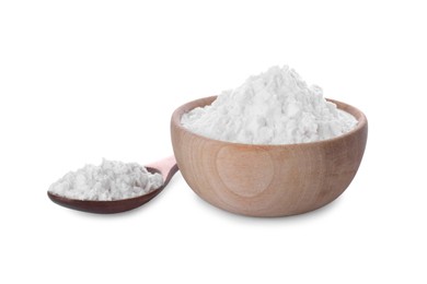 Photo of Wooden bowl and spoon of natural starch isolated on white