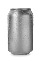 Aluminum can of beverage covered with water drops on white background. Space for design