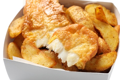 Photo of Disposable container with British Traditional Fish and potato chips on white background, closeup