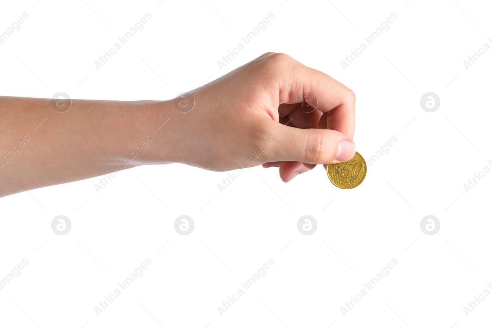 Photo of Woman holding one coin against white background, closeup