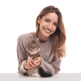 Photo of Young woman with cat on white background. Owner and pet