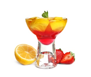 Dessert bowl of jelly and fruits on white background