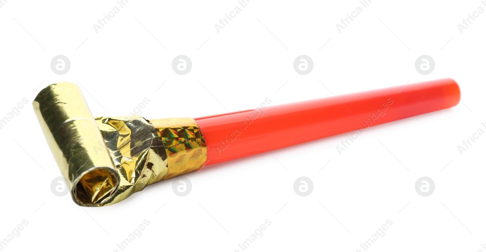 Photo of Red party blower isolated on white. Clown's accessory