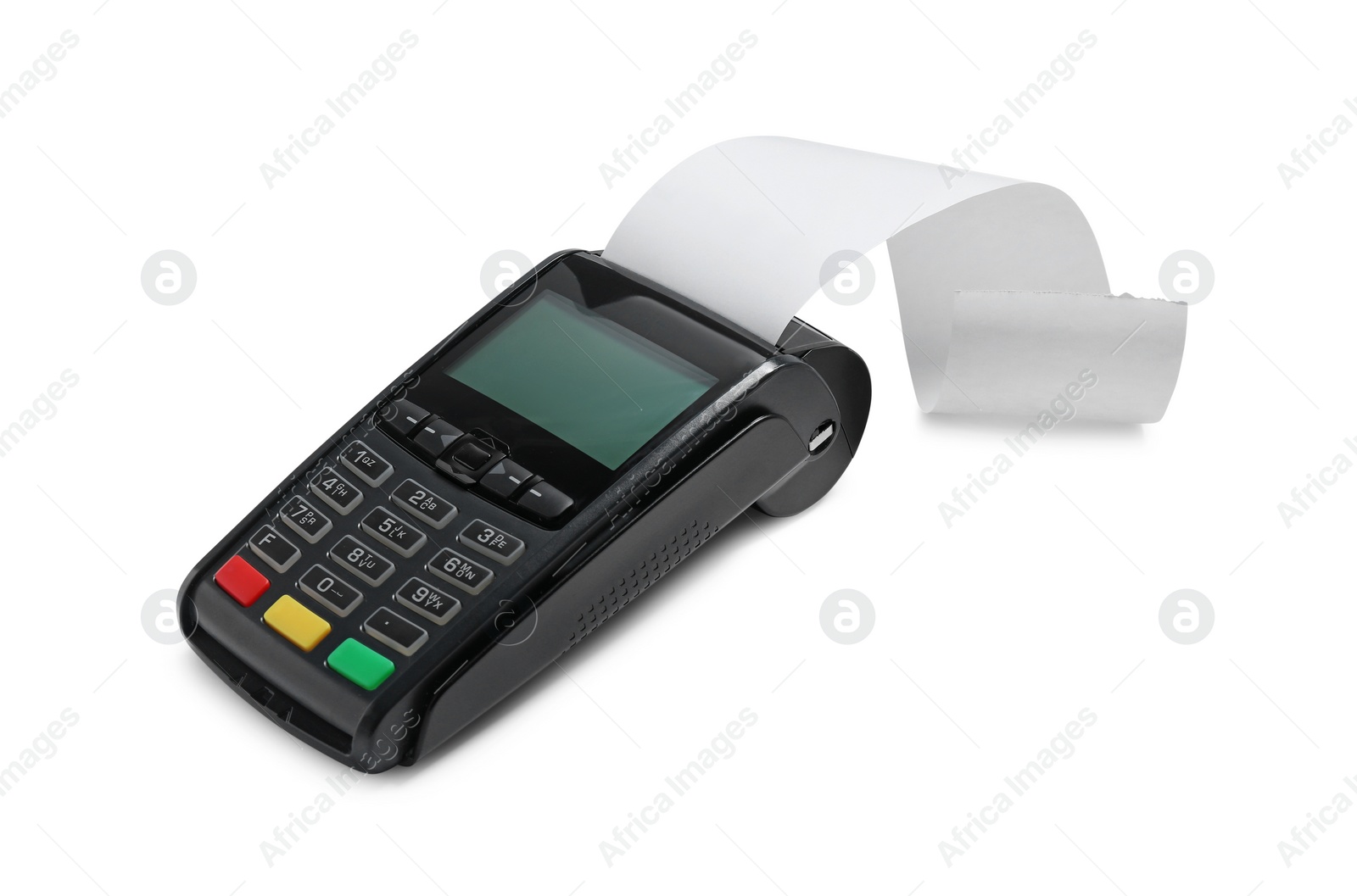 Photo of Payment terminal with thermal paper for receipt isolated on white