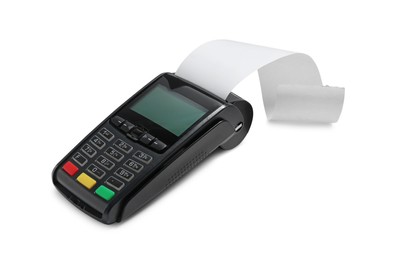 Photo of Payment terminal with thermal paper for receipt isolated on white