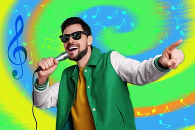 Image of Singer's performance poster. Man with microphone on bright background