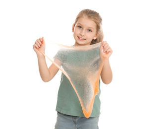 Photo of Little girl with slime on white background