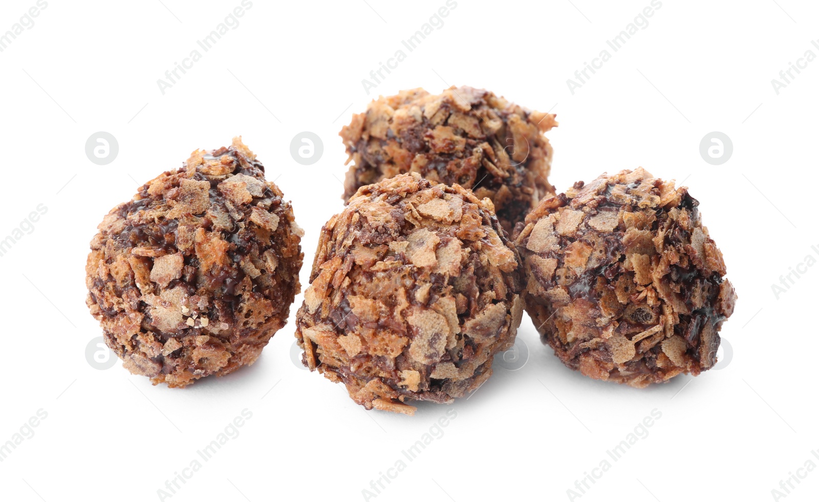 Photo of Delicious chocolate candies with waffle crumbles isolated on white