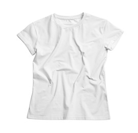 Stylish t-shirt on white background, top view