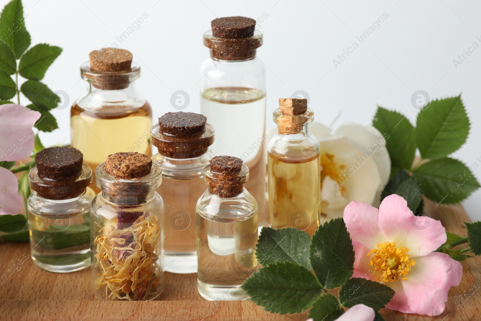 Photo of Aromatherapy. Different essential oils, flowers and green leaves on table