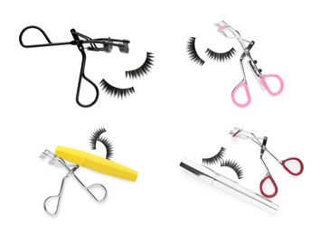 Image of Set with different eyelash curlers on white background, top view