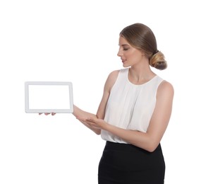 Photo of Young hostess in uniform with tablet on white background