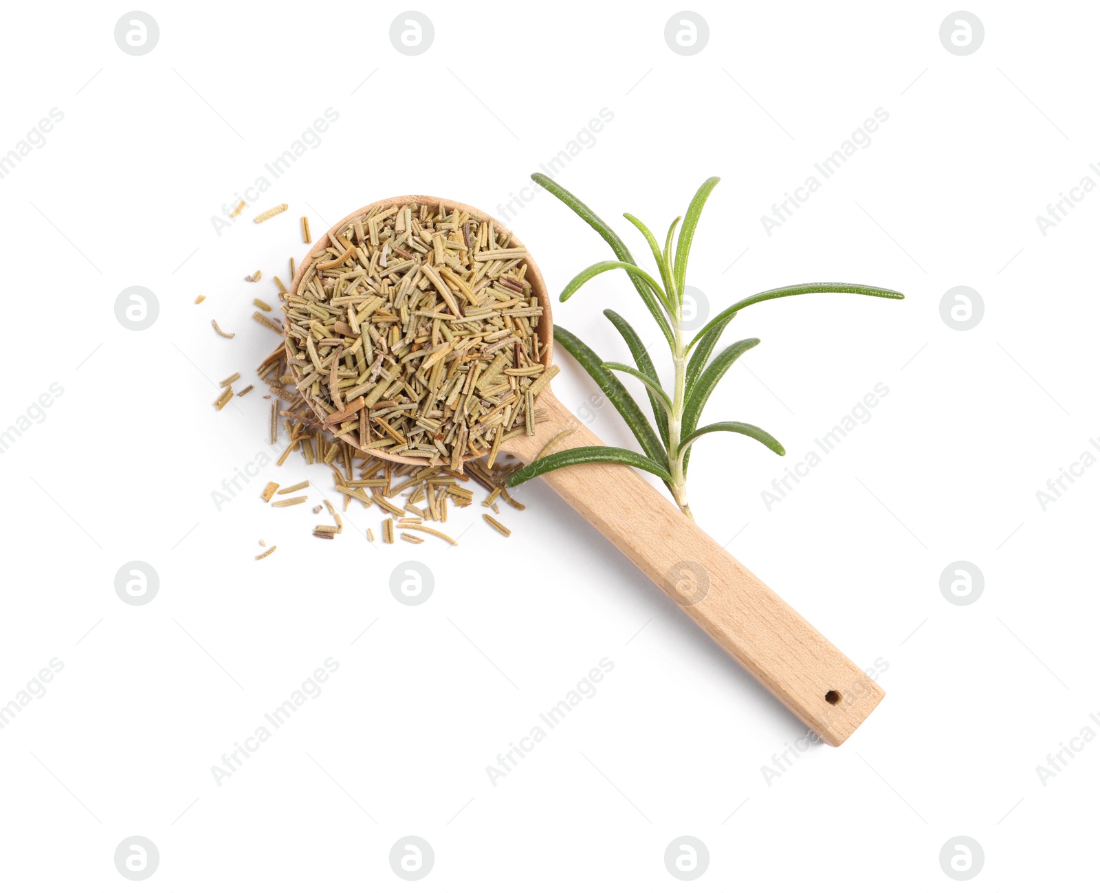 Photo of Wooden spoon with fresh and dry rosemary isolated on white, top view